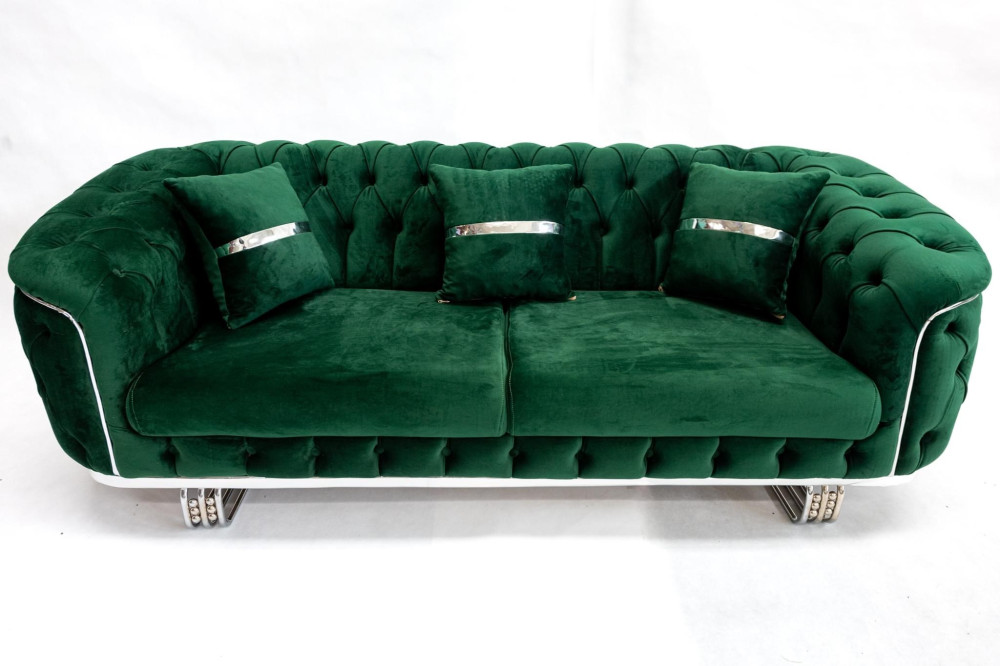 Chicago Chesterfield (Zöld) exkluzív bársony 3 személyes kanapé ezüst