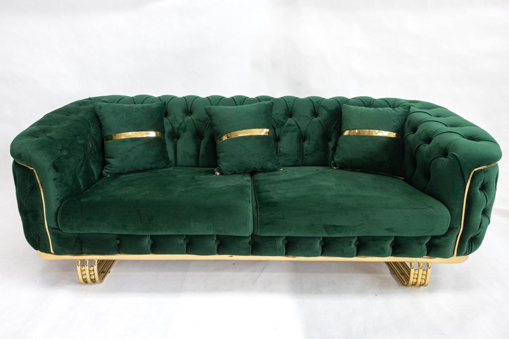 Chicago Chesterfield (Zöld) exkluzív bársony 3 személyes kanapé arany