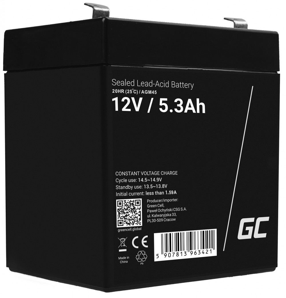 AGM VRLA gondozásmentes ólom akkumulátor / akku 12V 5.3Ah AGM45 riasztókhoz, pénztárgépekhez, játékokhoz