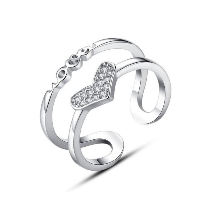 Állítható méretű kristályokkal kirakott Szív gyűrű, ezüst színű