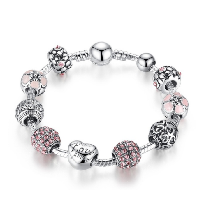 BAMOER ezüstözött Pandora stílusú Charm karkötő, szív és virág motívumokkal, pink, 21 cm