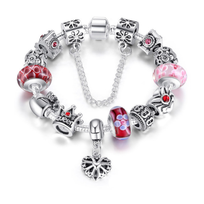 BAMOER ezüstözött Pandora stílusú Charm karkötő, szív és virág, piros-pink - 18 cm