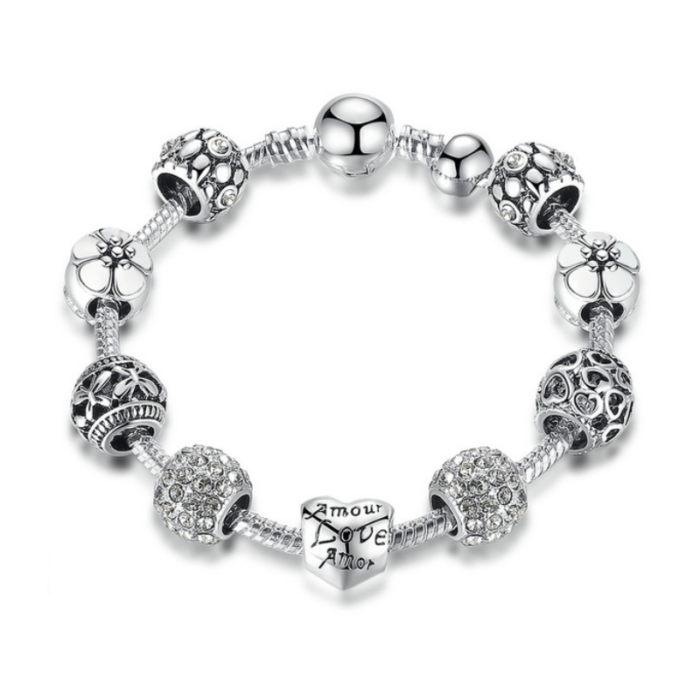 BAMOER ezüstözött Pandora stílusú karkötő, szív és virág, színtelen, 21 cm
