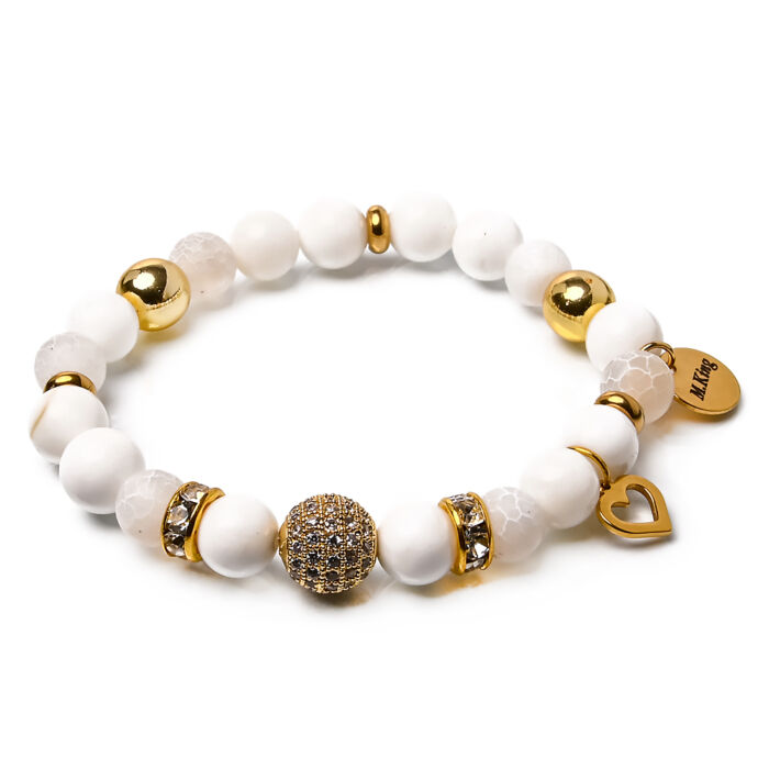 Beads of Love – Achát, kagyló és hematit ásvány karkötő Szív charmmal vagy anélkül, dobozban