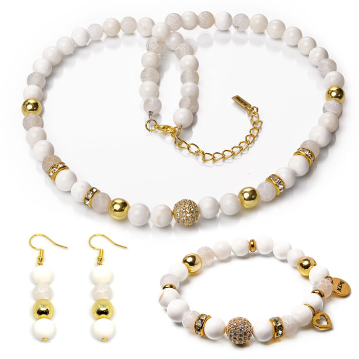 Beads of Love – Achát, kagyló és hematit exkluzív ásvány ékszerszett (nyaklánc + karkötő + fülbevaló) dobozban