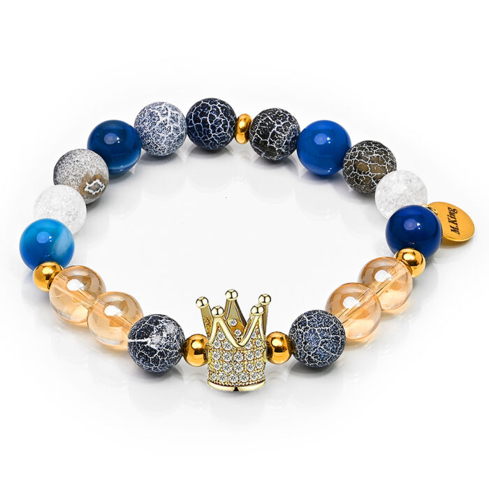 Blue Gold Crown – Arany angyal aura, hegyikristály és achát ásvány karkötő Korona dísszel, dobozban