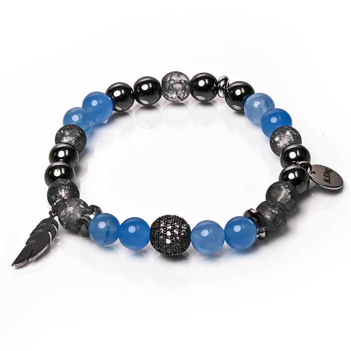 Blue Silk – Hegyikristály, jade és hematit ásvány karkötő Madártoll charmmal vagy anélkül, dobozban
