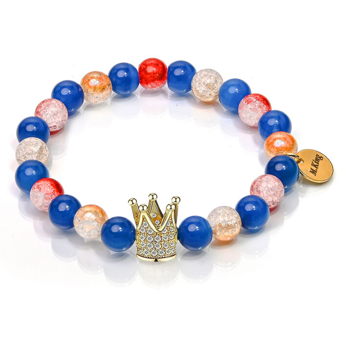 Candy Blue Crown – Ónix achát és hegyikristály ásvány karkötő Korona dísszel, dobozban
