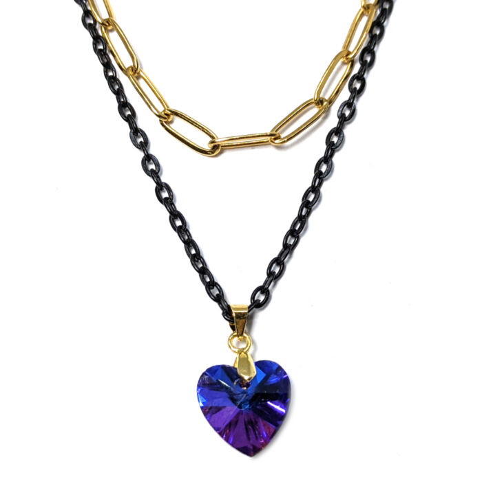 Dupla rozsdamentes acél nyaklánc arany-fekete színben, kék kristály szív medállal