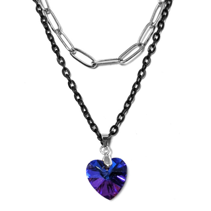 Dupla rozsdamentes acél nyaklánc ezüst-fekete színben, kék kristály szív medállal