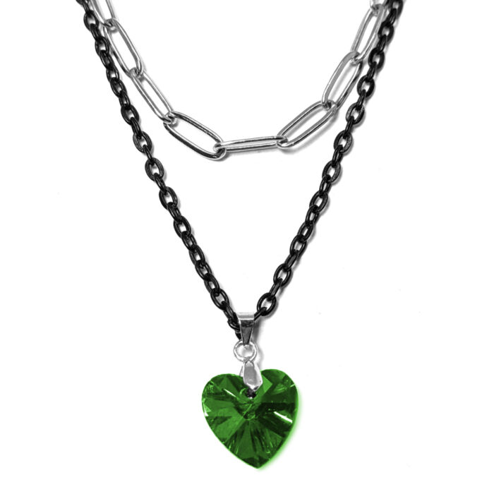 Dupla rozsdamentes acél nyaklánc ezüst-fekete színben, zöld kristály szív medállal
