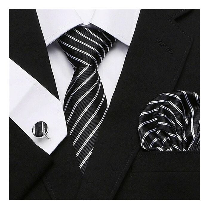 Fekete csíkos nyakkendőszett mandzsettagombbal és díszzsebkendővel
