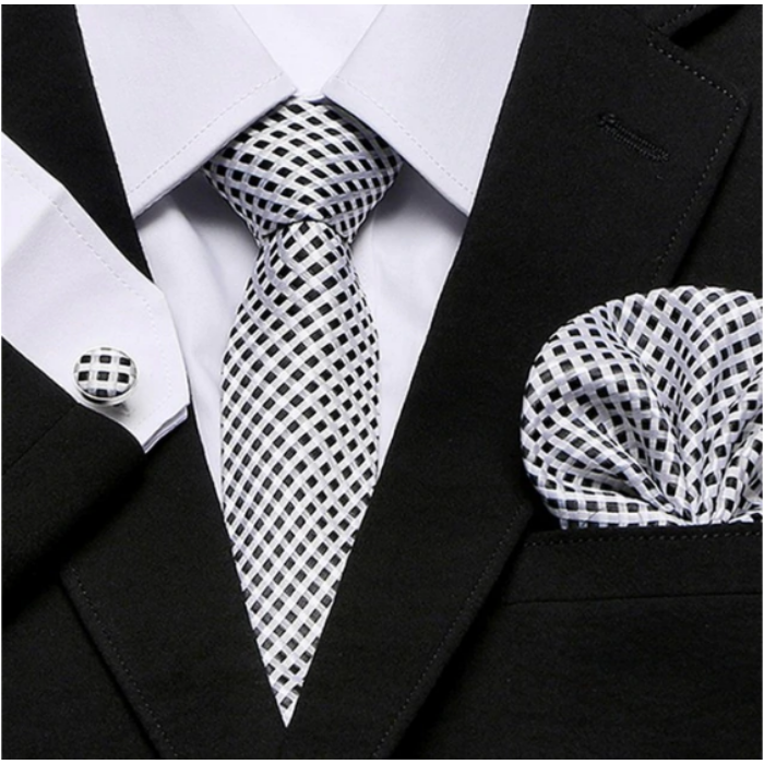 Fekete-fehér mintás nyakkendőszett mandzsettagombbal és díszzsebkendővel