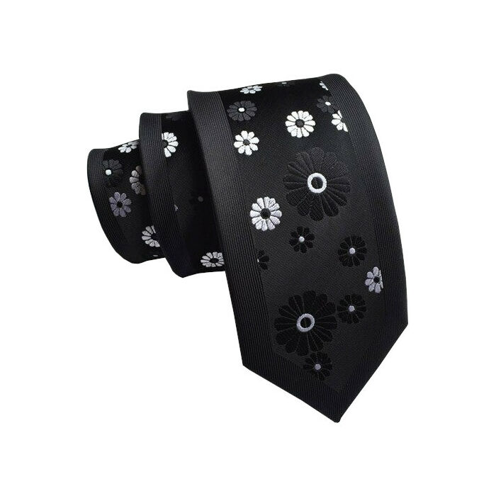 Fekete-fehér virág mintás keskeny nyakkendő