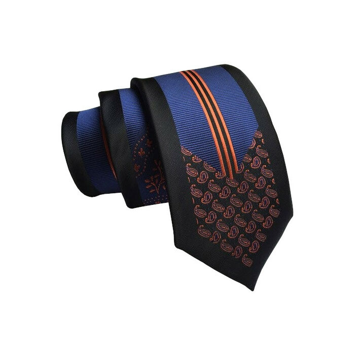 Fekete-kék-narancssárga mintás keskeny nyakkendő