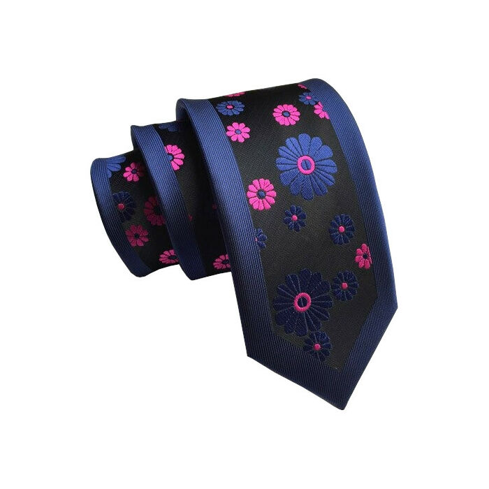 Fekete-kék-pink virág mintás keskeny nyakkendő
