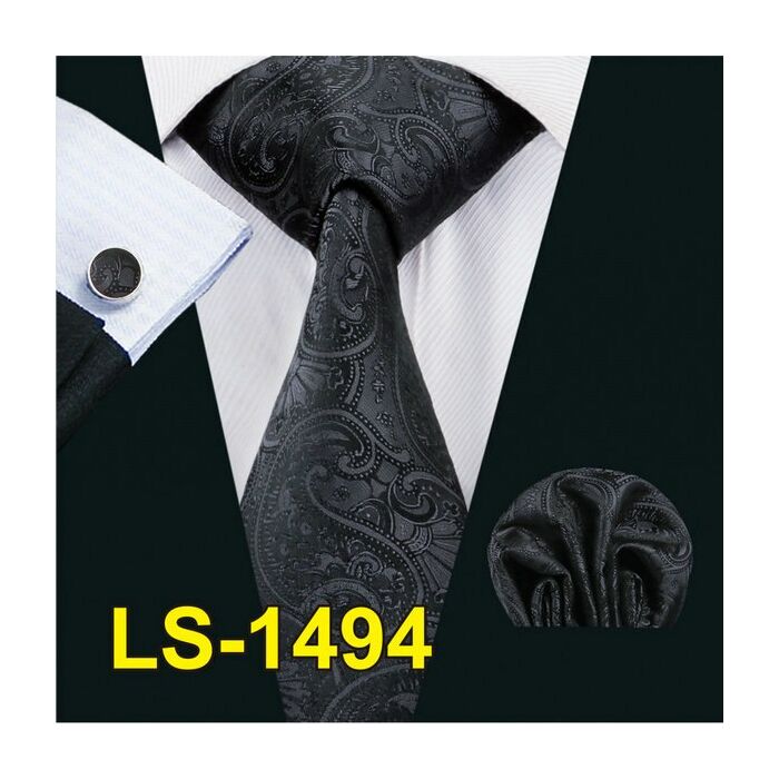 Fekete mintás nyakkendőszett mandzsettagombbal és díszzsebkendővel
