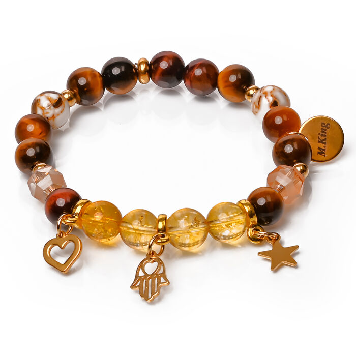 Golden Amulet – Citrin és tigrisszem ásvány karkötő Szív, Fatima keze és Csillag charmmal vagy anélkül, dobozban