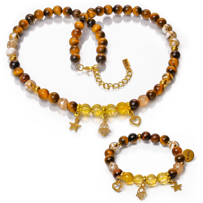 Golden Amulet – Citrin és tigrisszem exkluzív ásvány ékszerszett (nyaklánc + karkötő) Szív, Fatima keze és Csillag charmmal vagy anélkül, dobozban