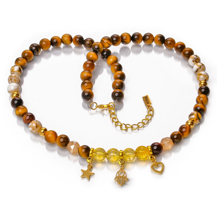 Golden Amulet – Citrin és tigrisszem exkluzív ásvány nyaklánc Szív, Fatima keze és Csillag charmmal vagy anélkül, dobozban