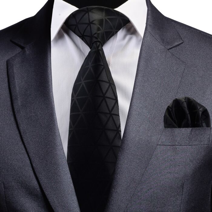 GUSLESON geometrikus mintás nyakkendő és díszzsebkendő, fekete
