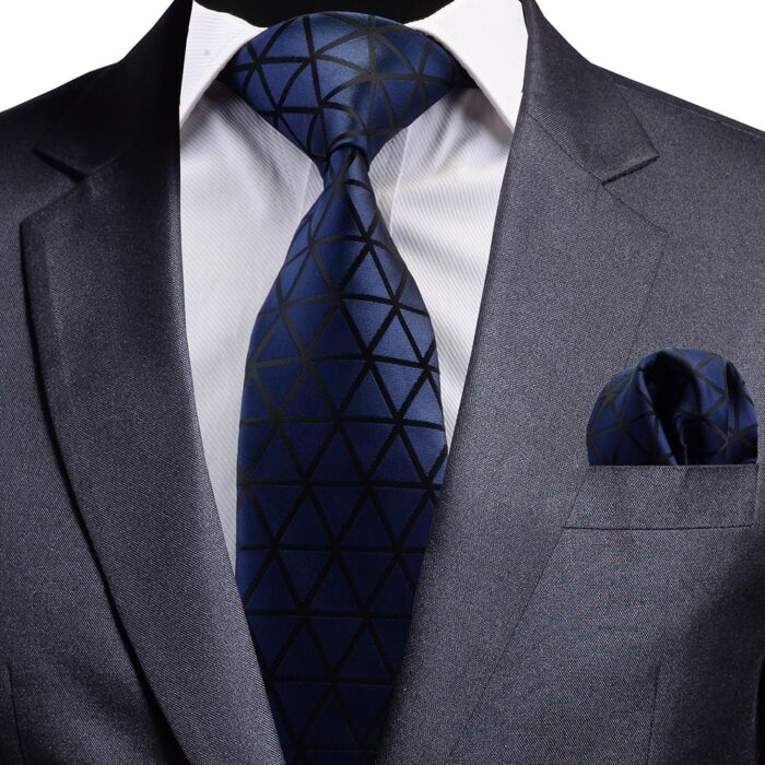 GUSLESON geometrikus mintás nyakkendő és díszzsebkendő, kék-fekete