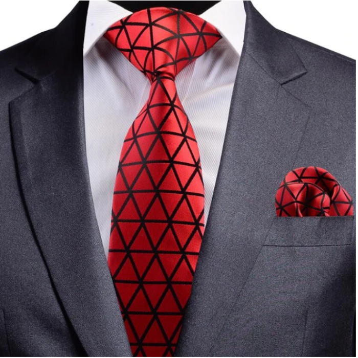 GUSLESON geometrikus mintás nyakkendő és díszzsebkendő, piros-fekete