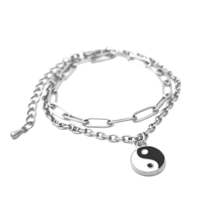 Jin-jang charmos rozsdamentes acél dupla karkötő, ezüst színű