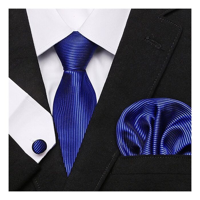 Kék csíkos nyakkendő mandzsettagombbal és díszzsebkendővel
