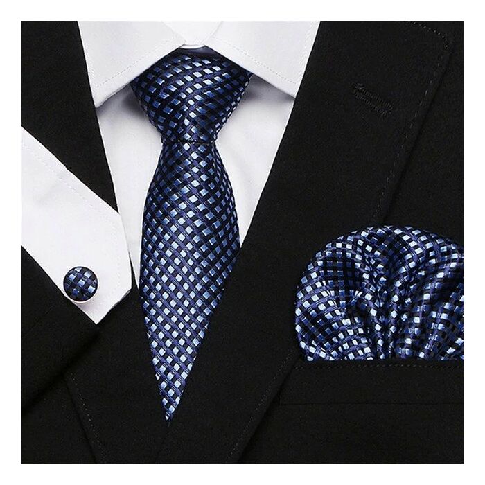 Kék mintás nyakkendőszett mandzsettagombbal és díszzsebkendővel