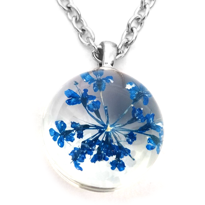 Kék virág üvegmedál, választható arany vagy ezüst színű acél lánccal vagy bőr lánccal