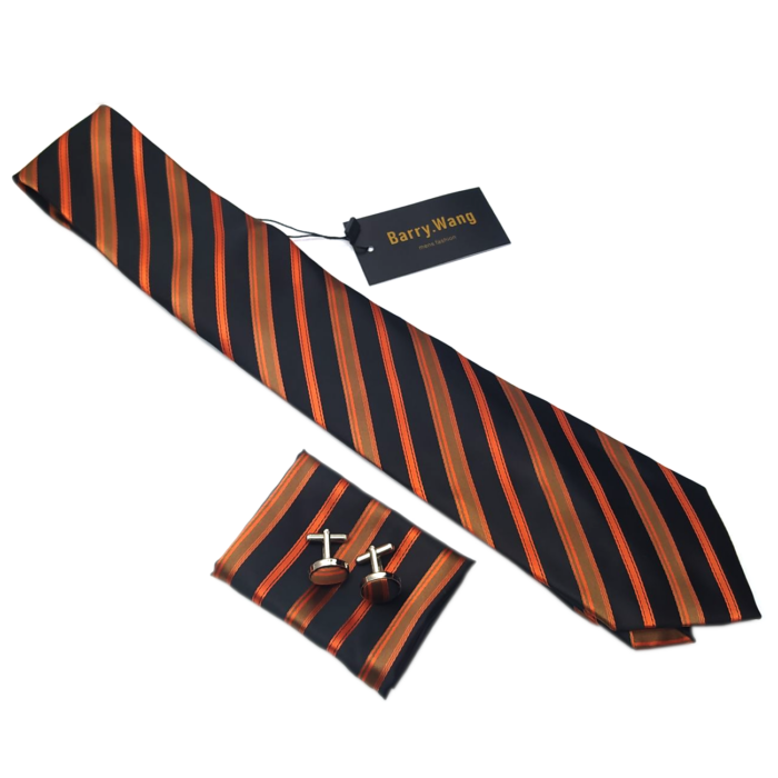 Narancs-fekete selyemnyakkendő mandzsettagombbal és díszzsebkendővel