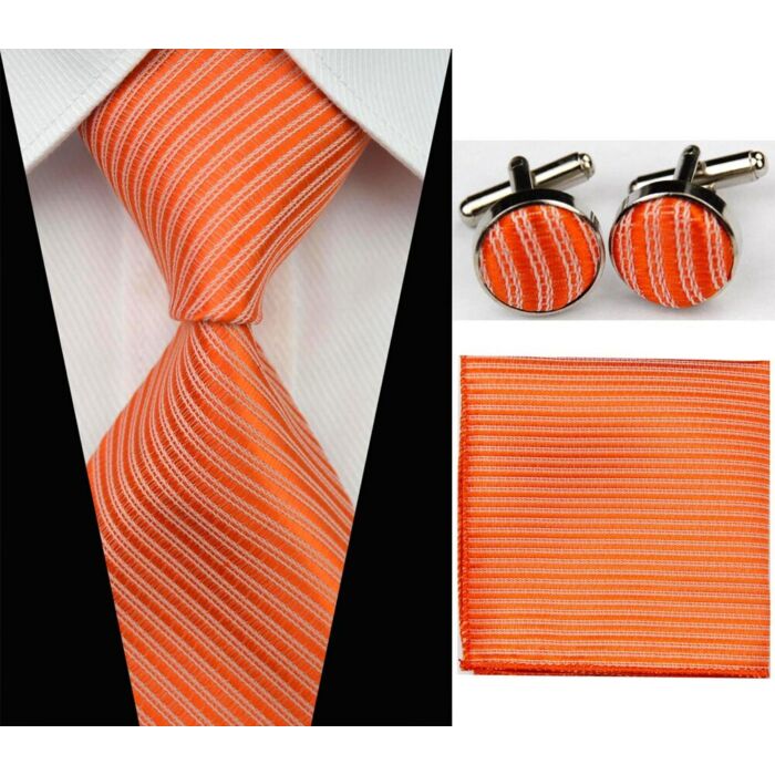Narancssárga széles fazonú nyakkendőszett mandzsettagombbal és díszzsebkendővel