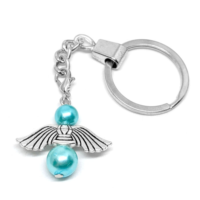 Őrangyal kulcstartó kék mesterséges gyöngyökkel, ezüst színben
