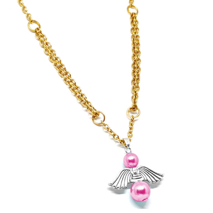 Őrangyal medál pink mesterséges gyöngyökkel, arany színű kétsoros nyaklánccal