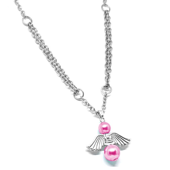 Őrangyal medál pink mesterséges gyöngyökkel, ezüst színű kétsoros nyaklánccal