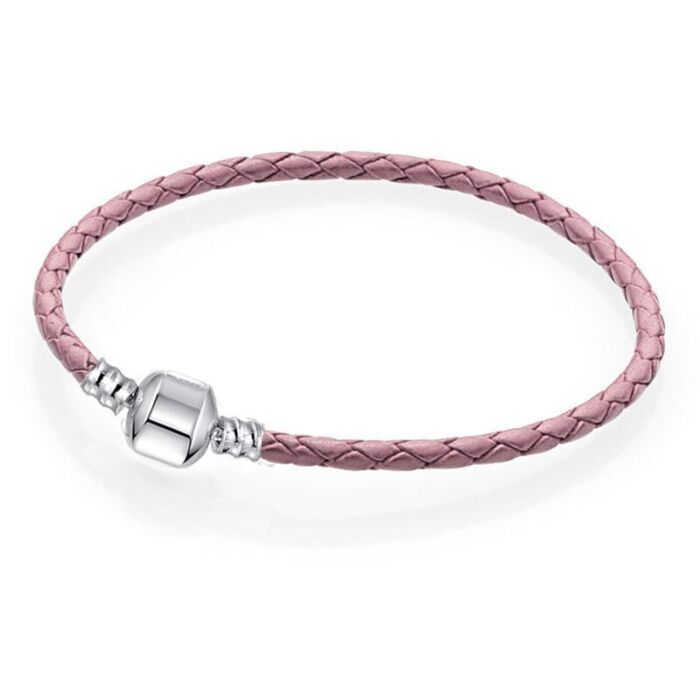 Pandora stílusú műbőr charm karkötő, rózsaszín - 17 cm