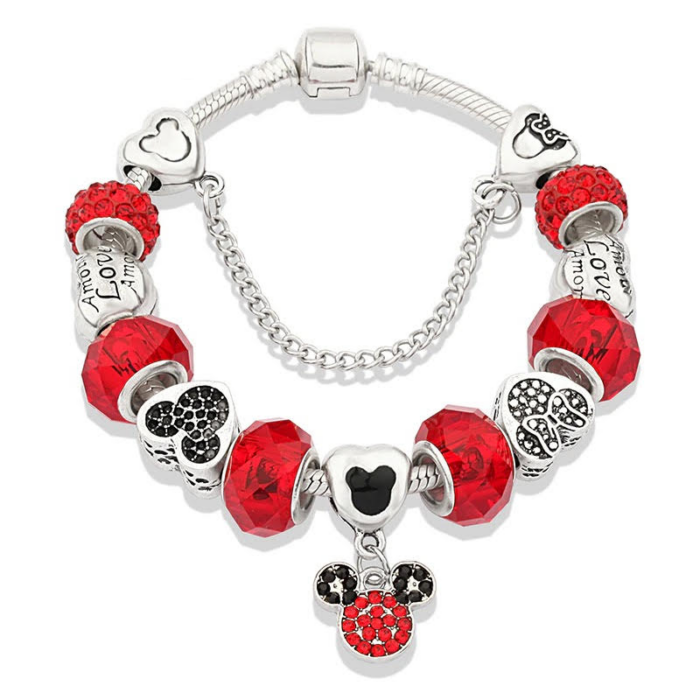 Pandora stílusú piros Miki Charm karkötő, szív motívumokkal, 18 cm