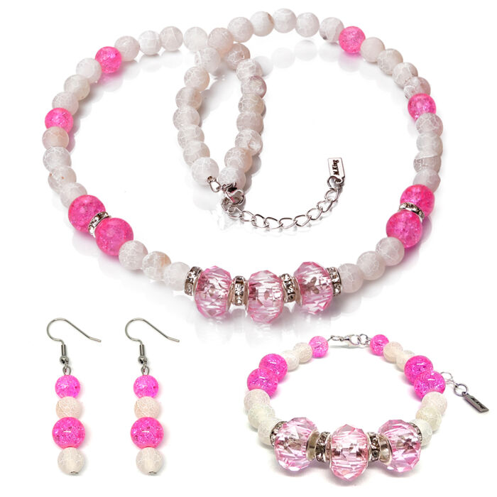 Pink Delight – Hegyikristály és achát exkluzív ásvány ékszerszett (nyaklánc + karkötő + fülbevaló) dobozban