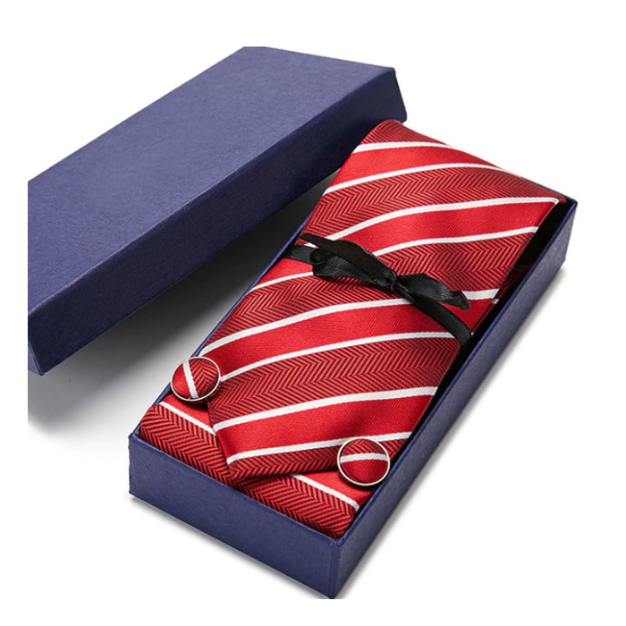 Piros-fehér selyem nyakkendő mandzsettával és zsebkendővel - dobozban