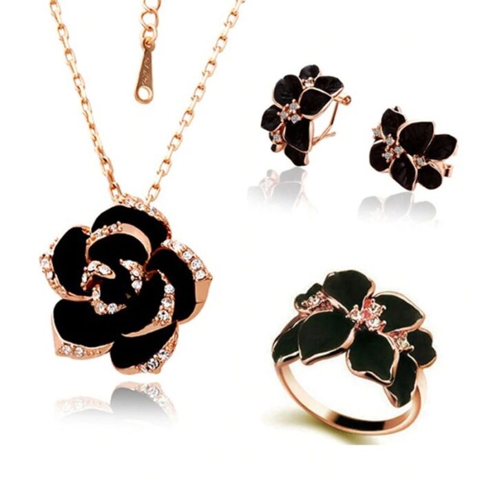 Rózsa motívumos vintage nyaklánc, fülbevaló és gyűrű szett, rose gold-fekete