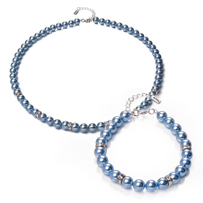 Silky Blue Elegance – kék színű gyöngy exkluzív ásvány ékszerszett (nyaklánc + karkötő) dobozban