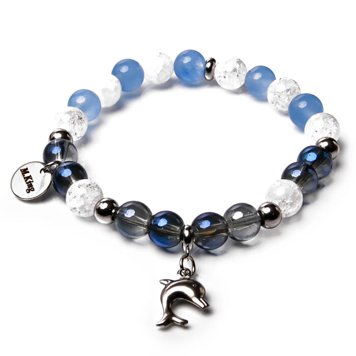 Silver Blue Mist – Jade, aura kvarc és hegyikristály karkötő, nemesacél Delfines charmmal vagy anélkül, dobozban