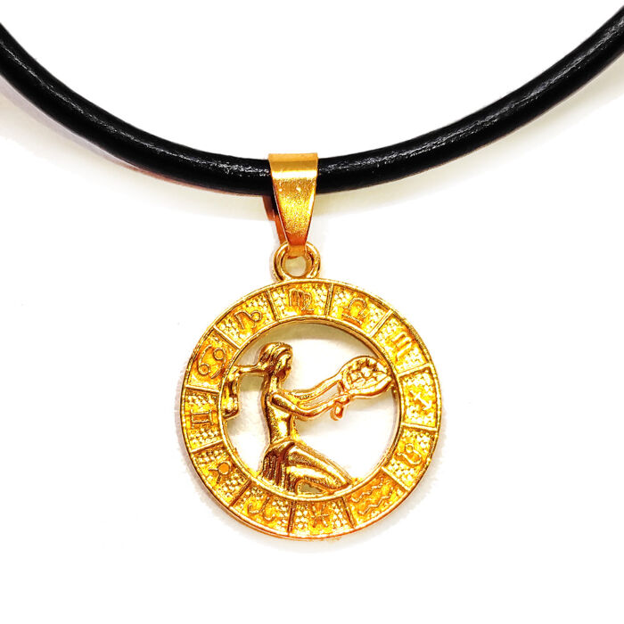 Szűz-Horoszkóp arany színű medál műbőr lánccal