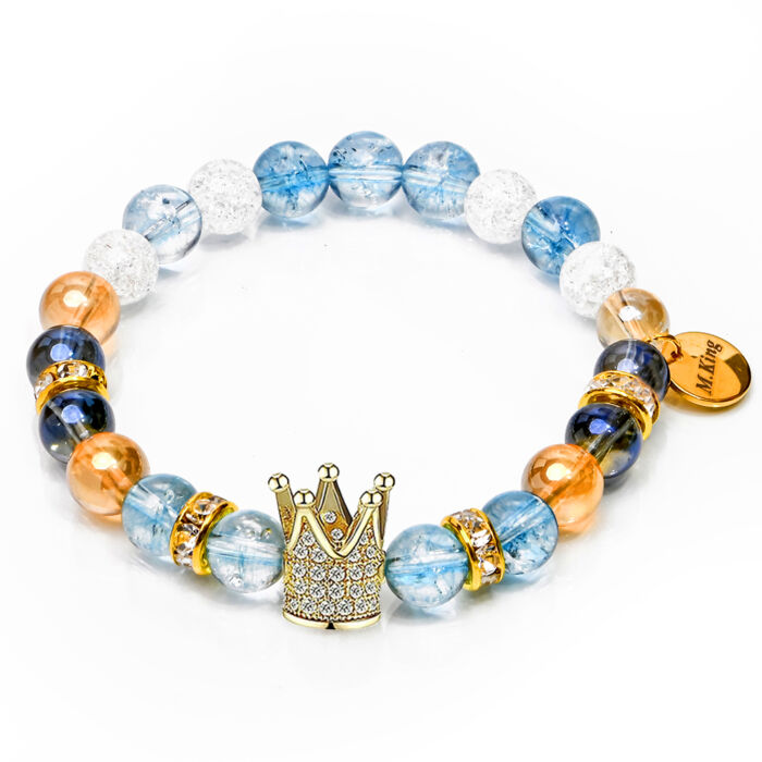 The Frozen Queen's Crown – Topáz, aura kvarc, arany angyal aura és hegyikristály ásvány karkötő  Korona dísszel, dobozban