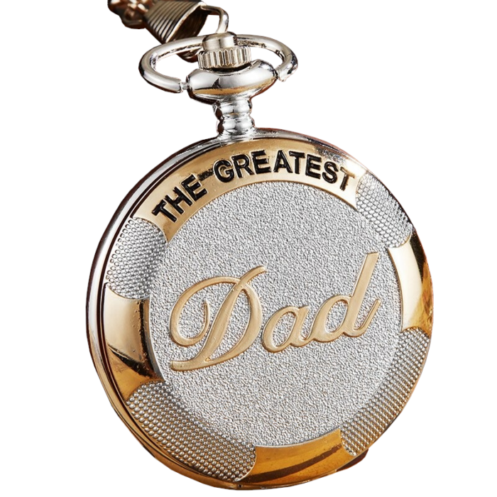 'The greatest Dad' (a legnagyszerűbb apa) zsebóra lánccal, sárga arany színű díszítéssel