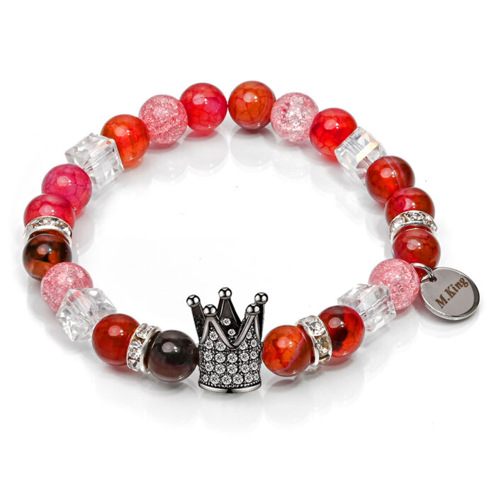 The Red Queen Crown – Achát és hegyikristály ásvány karkötő Korona dísszel, dobozban
