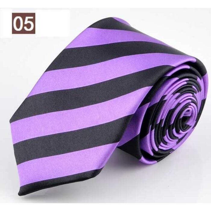 Trendi új stílusú csíkos, vékony nyakkendő, lila-fekete