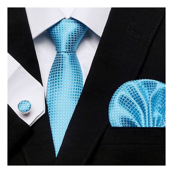 Világoskék mintás nyakkendőszett mandzsettagombbal és díszzsebkendővel