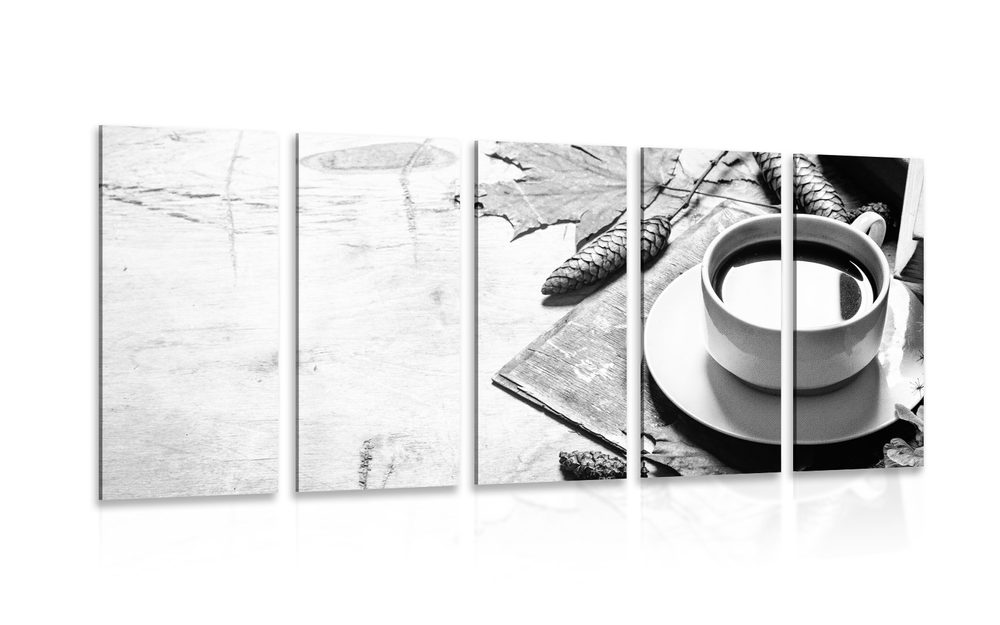 5-részes kép kávé csésze őszi hangulatban fekete fehérben